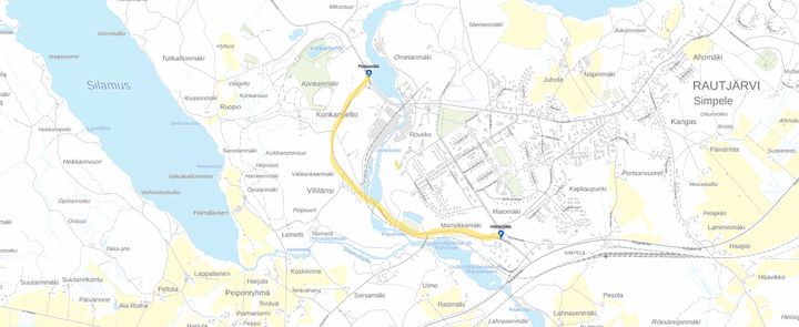 Kartta Rautjärven alueesta Suomessa, jossa näkyvät tieverkosto, paikkakuntia ja vesistöjä.