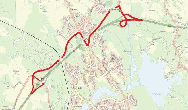 Kartta, johon on piirretty punainen viiva reittinä Husulan tunnelin alueella.