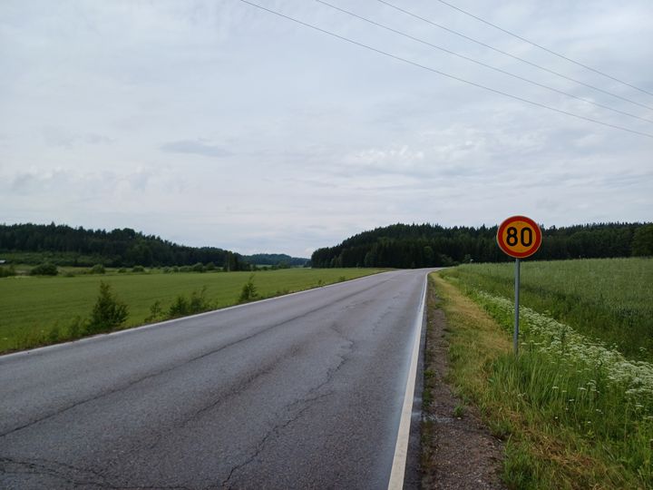 Maantie, jonka nopeusrajoitus on 80 km/h, kulkee vihreän niityn ja metsän vieressä.