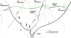 Kartta Lahden kehätiestä vt 12:lla, jossa näkyvät Liipolan ja Patomäen tunnelit sekä varareitit.