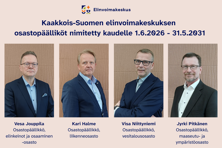 Alt-teksti: Neljä miestä nimetty Kaakkois-Suomen elinvoimakeskuksen osastopäälliköiksi kaudelle 2026–2031. Tekstissä heidän osastonsa nimet.