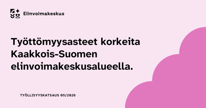 Alt-teksti: Grafiikka, jossa lukee "Työttömyysasteet korkeita Kaakkois-Suomen elinvoimakeskusalueella. Työllisyyskatsaus 05/2026."