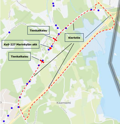 Kartta, joka näyttää kiertotien ja kaksi tienkatkaisua päätiellä. Kiertotie kulkee KaS-227 Marinkylän kautta.