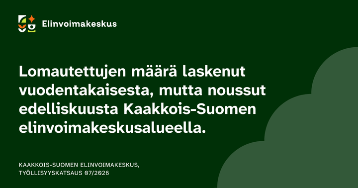 Vihreä tausta, jossa teksti lomautusten vähenemisestä vuodentakaisesta ja noususta edelliskuusta Kaakkois-Suomen elinvoimakeskuksen alueella.