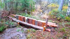 Puusta, vanerista ja turpeesta rakennettu pato metsäisessä ympäristössä, ojan yli.