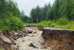 Kuva tiestä, jossa maa on sortunut rankkasateiden vuoksi noin 100 metrin matkalta. Taustalla metsää.