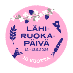 Lähiruokapäivän 2026 vaaleanpunainen logo, jossa teksti Lähiruokapäivä 12.-13.9.2026, 10 vuotta.