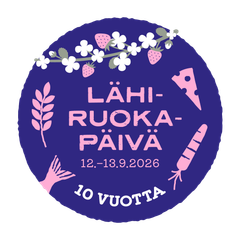 Lähiruokapäivän 2026 tummansininen logo, jossa teksti Lähiruokapäivä 12.-13.9.2026, 10 vuotta.