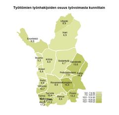 Työttömien työnhakijoiden osuus työvoimasta kunnittain, joulukuu 2025.