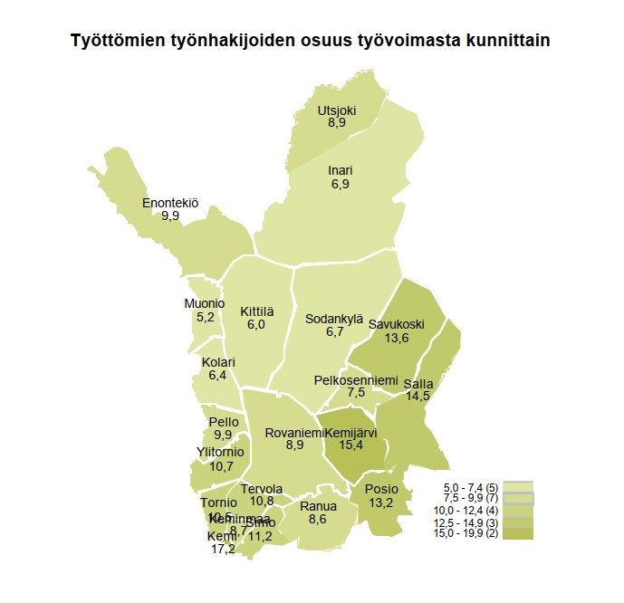 Työttömien työnhakijoiden osuus työvoimasta kunnittain, joulukuu 2025.