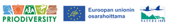 Priodiversity LIFE -hankkeen logo, Euroopan unionin osarahoittama LIFE -logo ja Natura 2020 -logo vierekkäin.