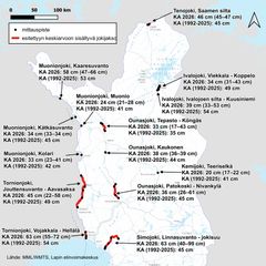 Teräsjään vahvuudet (mittausten keskiarvo (KA) ja vaihteluväli) Lapin jokien mittauspaikoilla vuonna 2026 ja teräsjään vahvuus samoilla paikoilla keskimäärin vuosijaksolla 1992–2025.