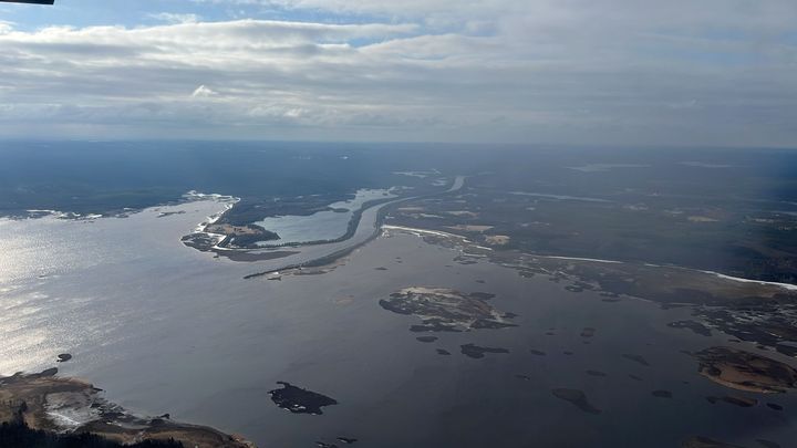 Kuva Kemijärven Kulmungista Kemijoki Oy:n tulvalennolta 28.4.2026. Kuva: Kemijoki Oy.