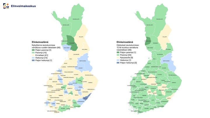 Kaksi karttaa, jossa toisessa näkyy Lapin nykytilanne seutukunnittain ja toisessa odotukset 12kk päähän.