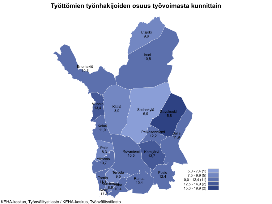 Työttömien osuus työvoimasta kunnittain Lapissa.