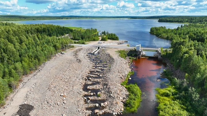 Portimokosken kalatie kesällä 2026, taustalla järvimaisemaa sekä metsää.