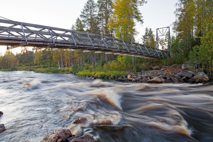 Vesi virtaa joessa, jonka ylittää silta.