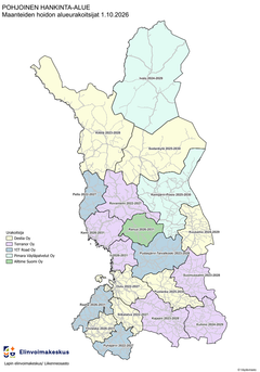 Maanteiden hoidon alueurakoitsijat 1.10.2026 karttakuvassa.