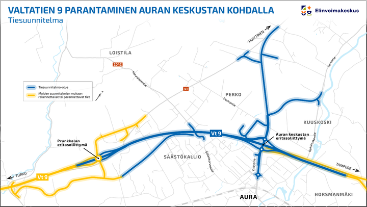 Kartalla noin neljän kilometrin mittainen hankealue Auran keskustan kohdalla.