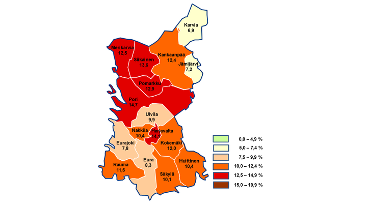 Karttakuva. Työttömien työnhakijoiden osuus kunnan työvoimasta Satakunnassa joulukuussa 2025.