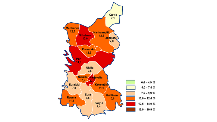 Kuvassa on Satakunnan kartta, jossa esitetään työttömyysaste kunnittain prosentteina. Kunnat on väritetty työttömyyden tason mukaan vaaleasta tummempaan sävyyn. Kuntakohtaiset työttömyysasteet ovat seuraavat: Karvia 7,1 %, Jämijärvi 7,8 %, Eurajoki 7,8 %, Eura 7,5 %, Säkylä 9,4 %, Ulvila 9,5 %, Nakkila 10,4 %, Huittinen 10,6 %, Kokemäki 11,1 %, Rauma 11,2 %, Kankaanpää 12,2 %, Merikarvia 12,3 %, Pomarkku 12,3 %, Siikainen 13,0 %, Harjavalta 13,7 %, Pori 14,3 %