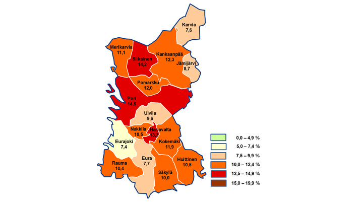 Kuvassa on Satakunnan kartta, jossa esitetään työttömyysaste kunnittain helmikuussa. Kartta on väritetty vaaleasta tummanpunaiseen työttömyyden vaihtelun mukaan. Kuntakohtaiset työttömyysasteet ovat seuraavat:  Eurajoki: 7,4 % Eura: 7,7 % Jämijärvi: 8,7 % Karvia: 7,6 % Rauma: 10,4 % Säkylä: 10,0 % Huittinen: 10,5 % Ulvila: 9,6 % Nakkila: 10,5 % Harjavalta: 13,3 % Kokemäki: 11,9 % Pomarkku: 12,0 % Siikainen: 14,2 % Merikarvia: 11,1 % Kankaanpää: 12,3 % Pori: 14,5 %.