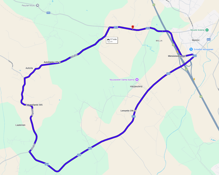 Kartalla kuvattuna kiertotie maantien 12396 (Aatoilantie), maantien 1912 (Lemuntie) ja maantien 1914 (Mietoistentie/kuja) kautta.