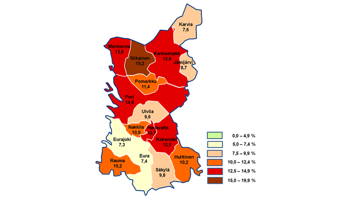 Kuvassa on Satakunnan kartta, jossa esitetään työttömyysaste kunnittain maaliskuussa. Kunnat on väritetty vaaleasta tummanpunaiseen työttömyyden tason mukaan. Kuntakohtaiset työttömyysasteet ovat seuraavat: Karvia 7,6 %, Jämijärvi 8,7 %, Merikarvia 12,8 %, Siikainen 15,2 %, Kankaanpää 12,8 %, Pomarkku 11,4 %, Pori 14,5 %, Ulvila 9,6 %, Nakkila 10,9 %, Harjavalta 13,7 %, Kokemäki 12,5 %, Eurajoki 7,3 %, Eura 7,4 %, Säkylä 9,8 %, Rauma 10,2 % ja Huittinen 10,2 %.