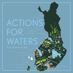Tekstissä lukee Actions for Waters - From Source to Sea, vieressä kuva Suomen kartasta.
