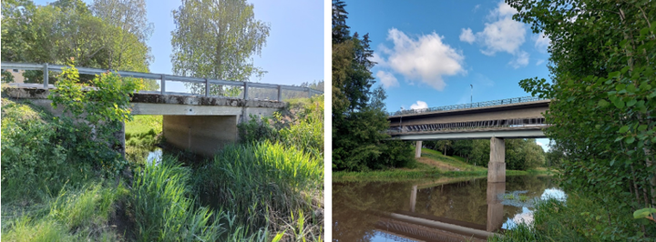 Vasemmalla Korvalan silta ja oikealla Halikonjoen kevyenliikenteen silta