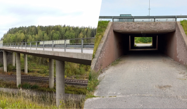 Vasemmalla Vehkamäen ylikulkusillat Kaarinassa, oikealla Hoikkalan alikulkukäytävät Raisiossa.
