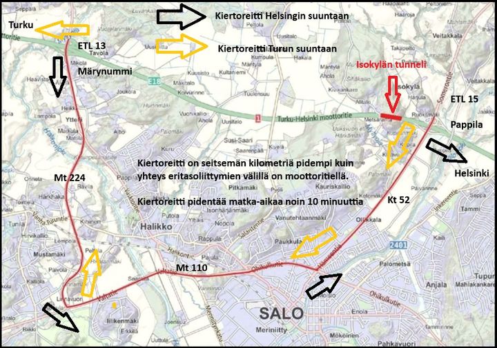 Isokylän tunnelisulun kiertoreitti kartalla