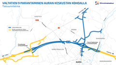 Kartta valtatie 9:n parantamisesta Auran keskustan kohdalla.