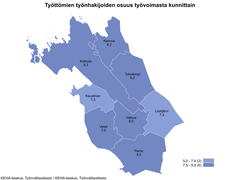 Kartta työllisyysasteilla