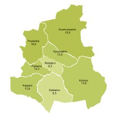 Kainuun kartta: Työttömien työnhakijoiden prosenttiosuudet kunnittain joulukuussa 2025; Puolanka 19,0 %, Suomussalmi 15,0 %, Hyrynsalmi 13,5 %, Paltamo 13,3 %, Kuhmo 13,8 %, Ristijärvi 9,2 %, Sotkamo 8,5 %, Kajaani 12,8 %.