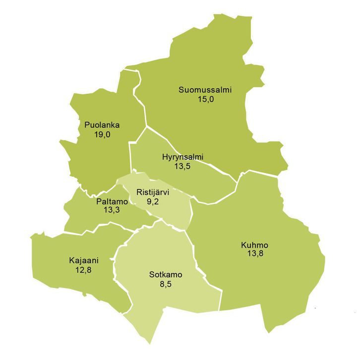 Kainuun kartta: Työttömien työnhakijoiden prosenttiosuudet kunnittain joulukuussa 2025; Puolanka 19,0 %, Suomussalmi 15,0 %, Hyrynsalmi 13,5 %, Paltamo 13,3 %, Kuhmo 13,8 %, Ristijärvi 9,2 %, Sotkamo 8,5 %, Kajaani 12,8 %.