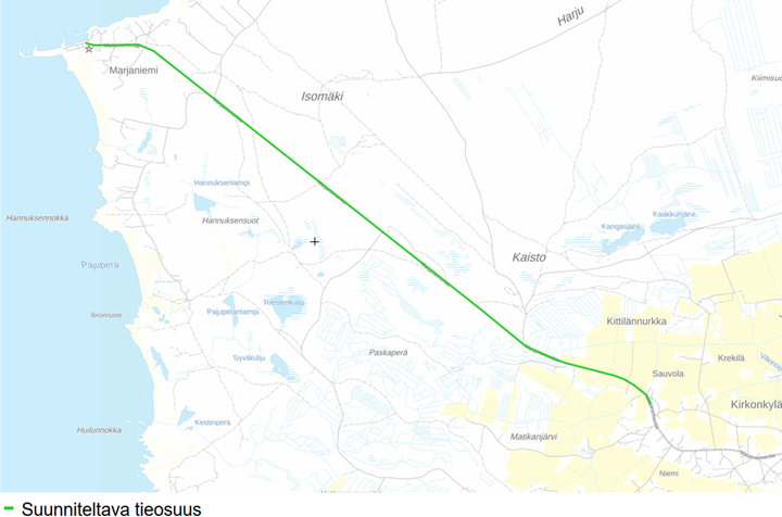 Kartta, jossa vihreä viiva osoittaa suunnittelualueen.