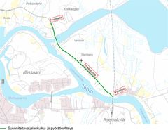 Kartta, joka näyttää suunniteltavan jalankulku- ja pyöräilyreitityksen suunnittelualueella.