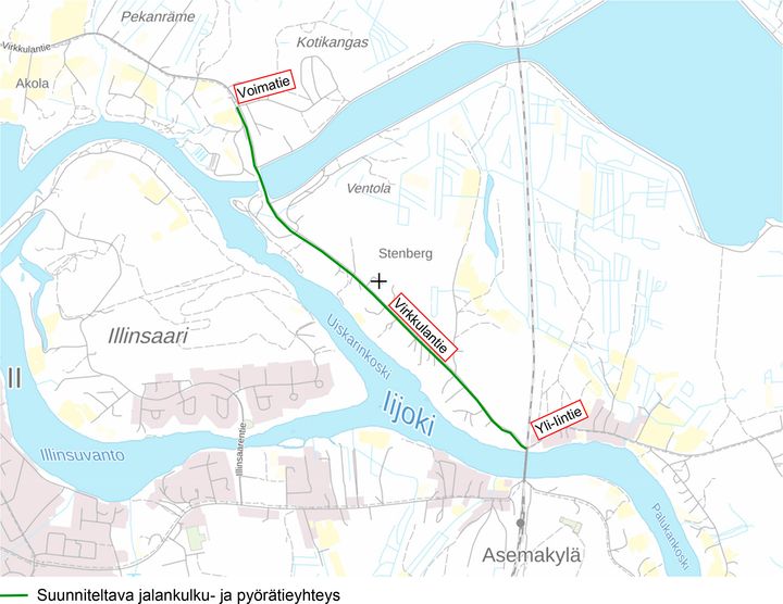 Kartta, joka näyttää suunniteltavan jalankulku- ja pyöräilyreitityksen suunnittelualueella.