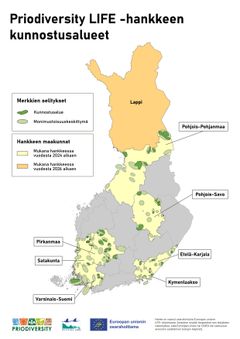 Kuva kartasta: Suomessa Priodiversity LIFE -hankkeen kunnostusalueet ja maakunnat.
