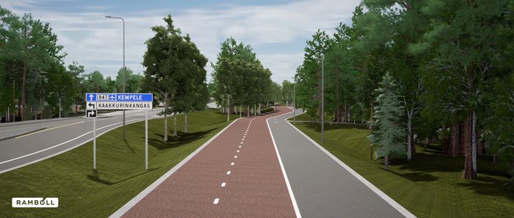 Virtuaalinen kuva jalankulku- ja pyörätiestä, jota ympäröivät metsät ja viheralueet. Tiekyltti osoittaa ajosuuntia.