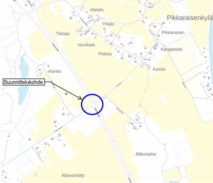 Kartta, jossa sinisellä ympyröity suunnittelukohde valtatie 22:lla.