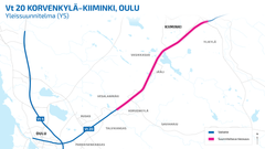 Kartta valtatien 20 parantamishankkeesta Oulun alueella, hankealue Korvenkylän ja Kiimingin välillä on merkitty pinkillä.