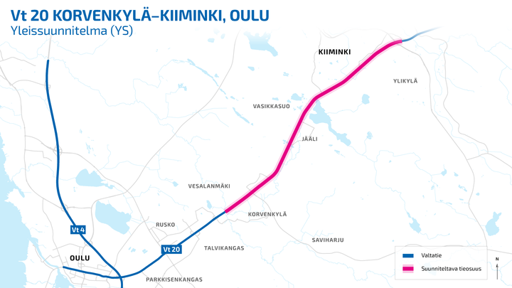 Kartta valtatien 20 parantamishankkeesta Oulun alueella, hankealue Korvenkylän ja Kiimingin välillä on merkitty pinkillä.