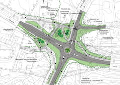 Liikenneympyrän rakennussuunnitelmakartta Vuokatin taajamassa.