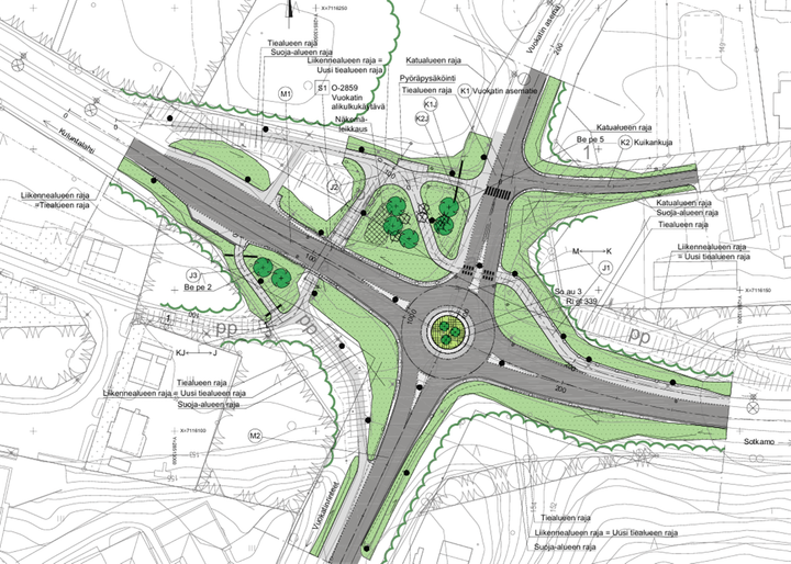 Liikenneympyrän rakennussuunnitelmakartta Vuokatin taajamassa.