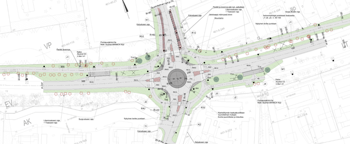Alt-teksti: Liikenneympyrä ja tieosuudet hankealueen kartalla.