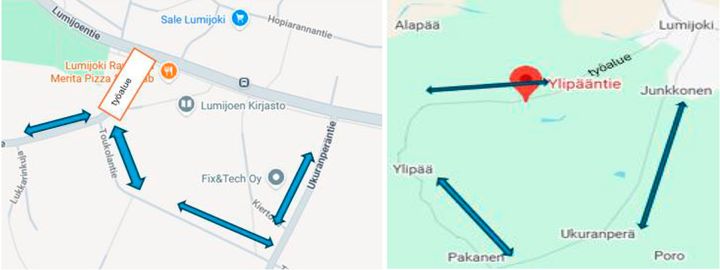 Karttakuva, jossa näkyy reittejä Lumijoen Ylipääntiellä ja sen ympäristössä. Väliaikaiset liikennejärjestelymuutokset on merkitty nuolilla.