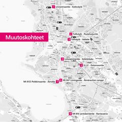 Kartta Oulusta, jossa punaisella merkittynä kahdeksan kohtaa, joissa otetaan käyttöön uusi liikennemerkki "E30 Ajokaistojen yhdistyminen"