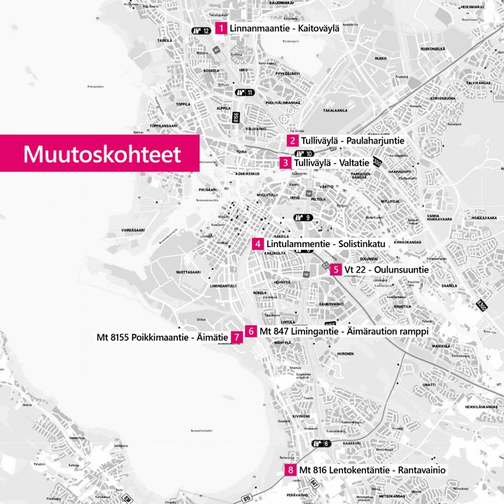 Oulun kartta, johon on merkittynä uusien liikennemerkkien kahdeksan käyttöönottopaikkaa.